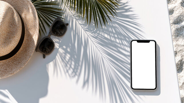 Smartphone blank screen mockup with straw hat sunglasses and palm leaf shadows on white table