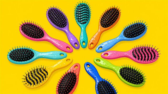 水滴がついた色とりどりのヘアブラシが円形に並ぶ、夏のプールの身支度イメージ generative ai