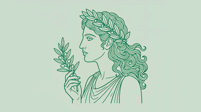 Elegant line art illustration of the goddess Aphrodite wearing a laurel wreath and holding an olive branch