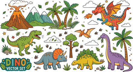 Colorful Dino Vector Set Tyrannosaurus Triceratops Stegosaurus Brachiosaurus Dragon Volcano Palm Trees Illustration for Kids Education Designs © PANNA12