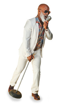 Music, microphone and elderly black man singer isolated on a transparent background for concert or performance. Party, jazz or karaoke with a happy senior person singing a song on PNG at an event