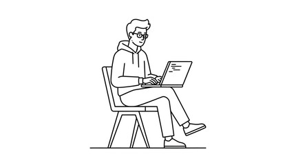 Fototapeta premium Man Working on Laptop Outline Vector Illustration