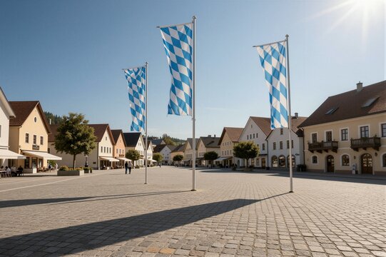 Bavarian state flags proudly fly in a sunlit cobblestone plaza surrounded by traditional European-style buildings and forested hills.