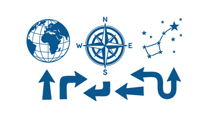 Blue vector navigation icons set with globe compass rose constellation and directional arrows for travel and exploration design © Iqbal