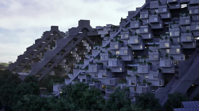 Terraced concrete housing complex at dusk, angular geometry, dense balconies and moody sky, ambient lights beginning to glow, urban planner envisioning retrofit