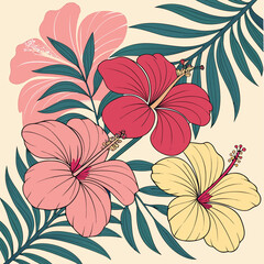 Colorful tropical hibiscus flowers and palm fronds, bouquet illustration, vibrant summer arrangement, isolated on soft cream background, exotic bloom. © Md Monzel
