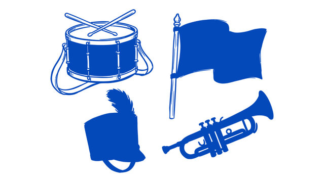 Marching band vector illustration set featuring drum with sticks, flag, shako hat, and trumpet in blue hand drawn style