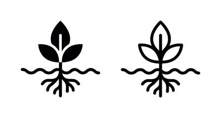 Obraz premium Plant with roots and leaves growing in soil or water icon, representing agriculture, botany, and organic growth.