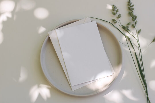 Summer stationery still life. Blooming green grass, craft envelope on plate in sunlight. Blank vertical greeting card mock up. Beige table background, dappled light, soft shadows. Flat lay, top view