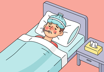 Sick boy lying in bed with fever and ice pack on head.