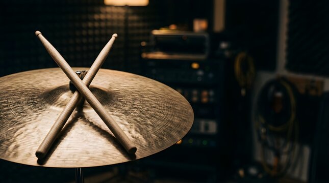 Drum sticks crossed on a brass cymbal in a professional music studio