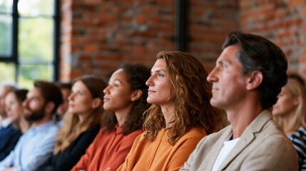 Obraz premium Attendees seated in an industrial loft-style room with brick walls and large windows, listening intently to a speaker presentation, with copy space