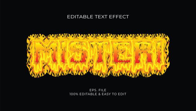 Burning fiery Misteri horror mystery editable text effect vector illustration