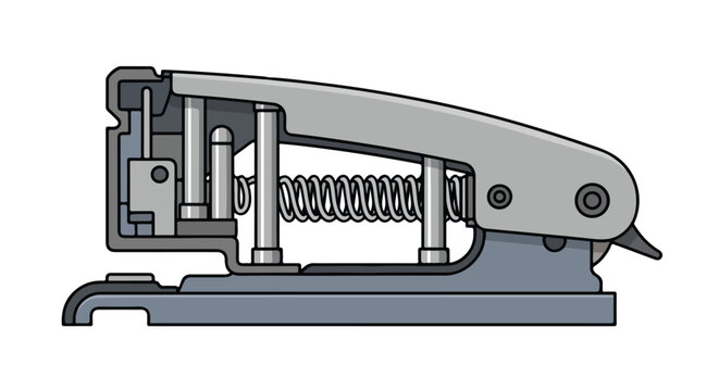 A detailed illustration of a metal tool with a spring mechanism