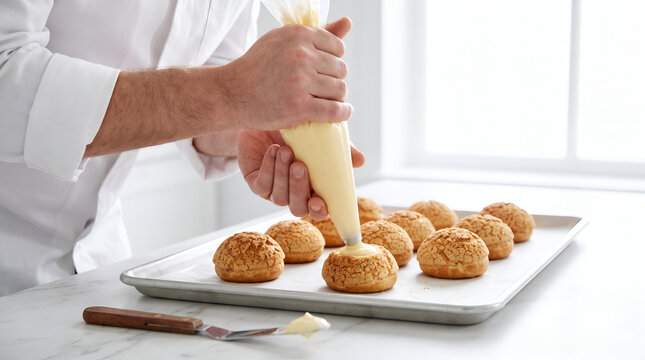 Pastry chef filling cream puffs, Baker piping cream into profiteroles, Hands filling choux pastry buns