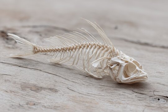 Minimalist still life featuring a fish skeleton on a textured wooden surface