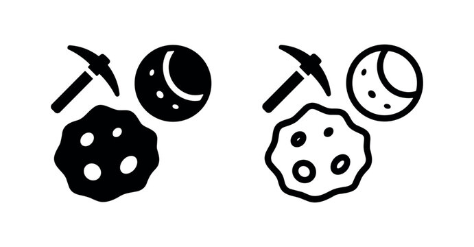 Mining in space concept with pickaxe, asteroid, and moon icons.