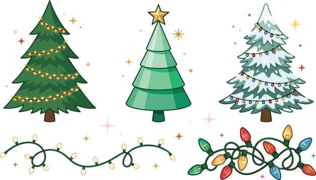 Christmas Tree Vector Set with Decorated Pine, Minimalist Fir, Snowy Spruce, and Colorful Light Garlands for Festive Winter Holiday Graphic Designs
