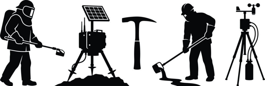 Volcanology research equipment vector set with volcanologist, monitoring station, rock hammer, and anemometer
