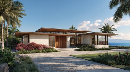 Naklejka premium Modern coastal villa exterior in Hawaii featuring manicured lawn, palm trees, and wide stone driveway