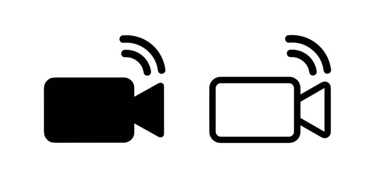 Live video streaming and recording camera icon set with signal waves, in solid and outline styles for multimedia content.