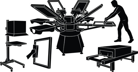 Screen printing press equipment vector set with carousel printer, flash dryer, conveyor dryer, and squeegee © Jahid