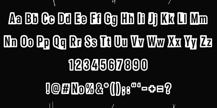 Complete set of white pixel art alphabet letters numbers and punctuation marks on a black background
