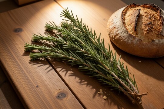 A sprig of rosemary and a rustic sourdough bread loaf sit together on a wooden table in a cozy kitchen setting.