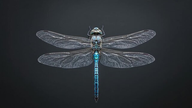 Blue metallic dragonfly with detailed wings on dark background