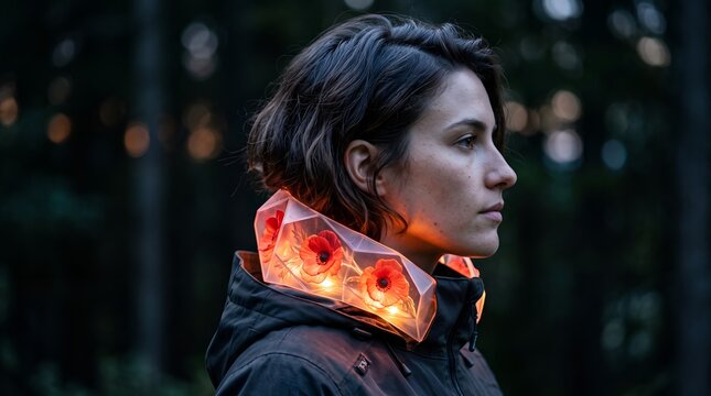Young woman wearing a futuristic glowing floral collar in dark woods