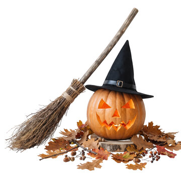 Pumpkin with witch broom on autumn leaves transparent background