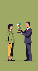 Fototapeta premium A man presents a trophy to a woman in business attire