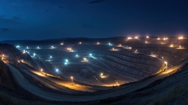 Monumental nighttime quarry with illuminated terraces and distant equipment silhouettes