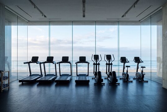 Modern fitness room with treadmills, elliptical trainers, and stationary bikes facing calm ocean horizon, creating spacious wellness setting with natural light and premium resort feel