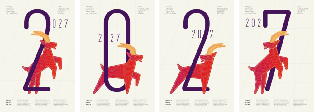 Chinese New Year 2027 goat illustration with modern geometric patterns and traditional zodiac symbols for greeting cards and festive banners with striped background design.