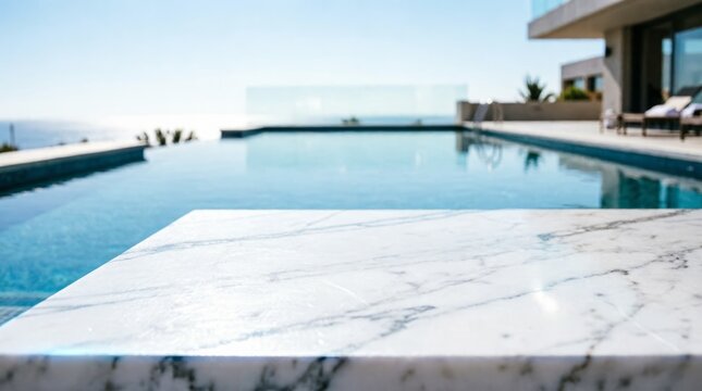 Modern Infinity Pool with Marble Edge and Ocean View for Luxury Real Estate