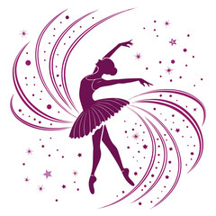 Dynamic silhouette of a ballet dancer mid-pirouette, encompassed by a swirling vortex of delicate lines and shimmering stars, capturing energy and artistry. © Sirajum