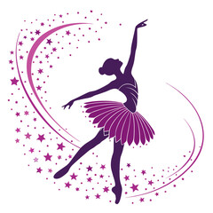 Dynamic ballerina silhouette in pirouette surrounded by swirling abstract purple stars and light trails beautiful motion capturing essence of dance performance art illustration. © Sirajum