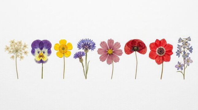A beautiful collection of various colorful pressed flowers arranged in a row against a clean white background