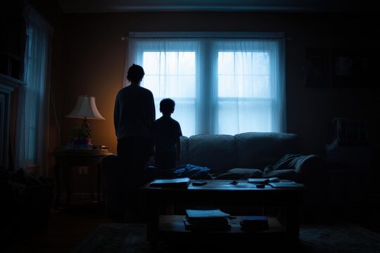 Moody silhouette portrait of a parent and child, quiet moments amid domestic tension in soft blue-gray lighting