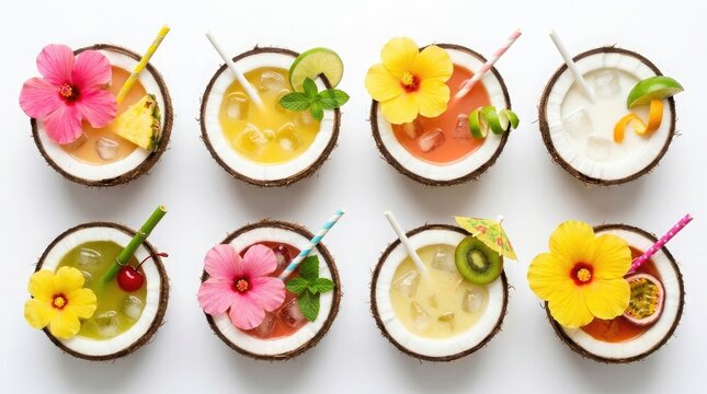 Top view of eight fresh tropical cocktails served in coconut shells decorated with colorful exotic flowers and fruit
