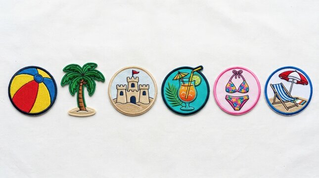 Set of colorful summer vacation icons featuring beach elements like palm trees cocktails and beach chairs on white