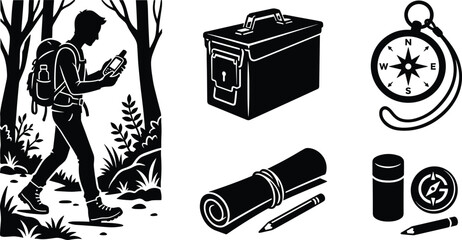 Geocaching outdoor adventure silhouette set with hiker, GPS device, cache container, compass, and logbook © Jahid