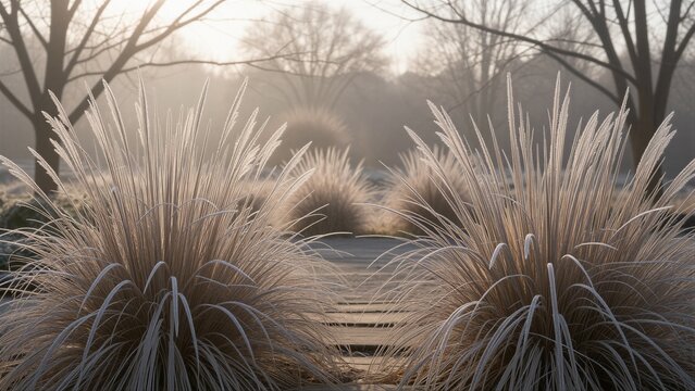 Frosty morning in a peaceful garden with Phormium tenax and bare trees under pale golden hour light.