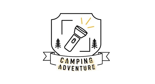 Camping adventure logo with flashlight and trees