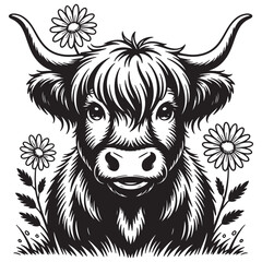 Fototapeta premium Highland cow vector illustration, cute fluffy cow head with daisy flowers, rustic farm animal line art, black and white cattle portrait for t-shirt design
