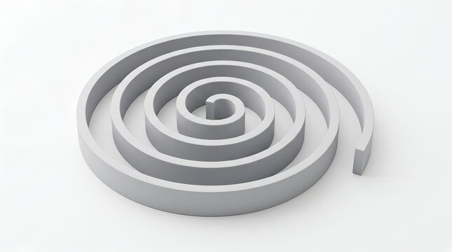 3D render of white geometric spiral coil on white background representing growth and infinity.
