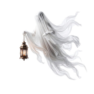 Whimsical ghost floating with small robot transparent background