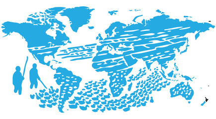 World map graphic illustration with duck silhouettes and shepherds in blue for global migration and environmental themes © Andikia