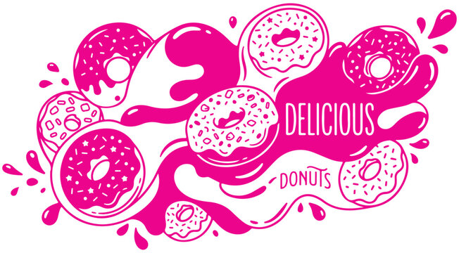 Pink donut vector illustration with glaze splashes and delicious text for bakery menu design